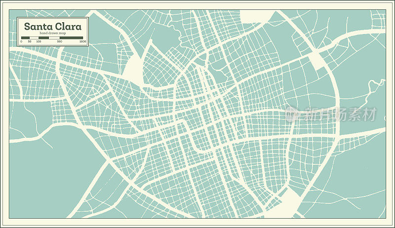 复古风格的Santa Clara古巴城市地图。略图。